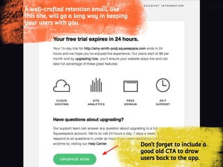 Don’t forget to include a
good old CTA to draw
users back to the app.
A well-crafted retention email, like
this one, will go a long way in keeping
your users with you.
 