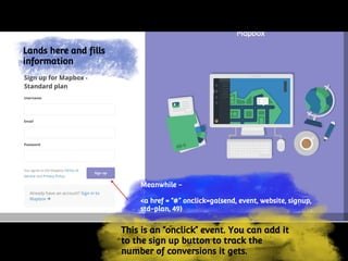 Meanwhile -
<a href = “#” onclick=ga(send, event, website, signup,
std-plan, 49)
This is an “onclick” event. You can add it
to the sign up button to track the
number of conversions it gets.
Lands here and fills
information
 