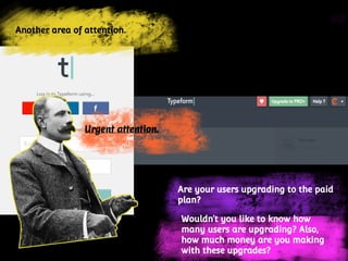 Are your users upgrading to the paid
plan?
Another area of attention.
Wouldn’t you like to know how
many users are upgrading? Also,
how much money are you making
with these upgrades?
Urgent attention.
 