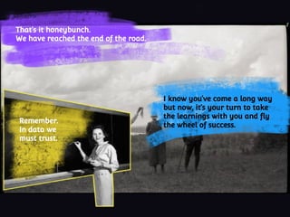 That’s it honeybunch.
We have reached the end of the road.
Remember.
In data we
must trust.
I know you’ve come a long way
but now, it’s your turn to take
the learnings with you and fly
the wheel of success.
 