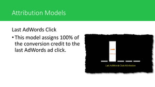 Attribution Models
Last AdWords Click
• This model assigns 100% of
the conversion credit to the
last AdWords ad click.
 