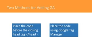 Two Methods for Adding GA
Place the code
before the closing
head tag </head>
Place the code
using Google Tag
Manager
 