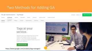 Two Methods for Adding GA
https://www.google.com/analytics/tag-manager/
 