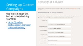Setting up Custom
Campaigns
Use the campaign URL
builder to help building
your URLs
• https://ga-dev-
tools.appspot.com/cam
paign-url-builder/
 
