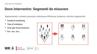 CORSO ANALYTICS FUNDAMENTAL
Dove intervenire: Segmenti da misurare
IMMAGINE
Segmentando i visitatori possiamo individuare differenze, tendenze, criticità e opportunità
• Canali di marketing
• Tipo di visitatore
• Aree geo di provenienza
• Ecc. ecc. ecc…
 