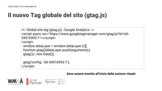 CORSO ANALYTICS FUNDAMENTAL
Il nuovo Tag globale del sito (gtag.js)
<!-- Global site tag (gtag.js) - Google Analytics -->
<script async src="https://www.googletagmanager.com/gtag/js?id=UA-
54516992-1"></script>
<script>
window.dataLayer = window.dataLayer || [];
function gtag(){dataLayer.push(arguments);}
gtag('js', new Date());
gtag('config', 'UA-54516992-1');
</script>
Deve essere inserito all’inizio della sezione <head>
 