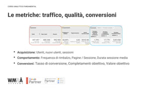 CORSO ANALYTICS FUNDAMENTAL
Le metriche: traffico, qualità, conversioni
• Acquisizione: Utenti, nuovi utenti, sessioni
• Comportamento: Frequenza di rimbalzo, Pagine / Sessione, Durata sessione media
• Conversioni: Tasso di conversione, Completamenti obiettivo, Valore obiettivo
 