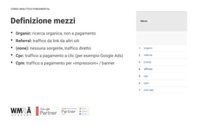 CORSO ANALYTICS FUNDAMENTAL
Definizione mezzi
• Organic: ricerca organica, non a pagamento
• Referral: traffico da link da altri siti
• (none): nessuna sorgente, traffico diretto
• Cpc: traffico a pagamento a clic (per esempio Google Ads)
• Cpm: traffico a pagamento per «impressioni» / banner
 
