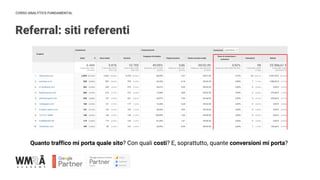 CORSO ANALYTICS FUNDAMENTAL
Referral: siti referenti
Quanto traffico mi porta quale sito? Con quali costi? E, soprattutto, quante conversioni mi porta?
 