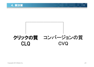 ４．解決策




         クリックの質             コンバージョンの
                            コンバージョンの質
           CLQ                 CVQ


...