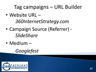 17
Tag campaigns – URL Builder
• Website URL –
360InternetStrategy.com
• Campaign Source (Referrer) -
SlideShare
• Medium –
Googlefest
 