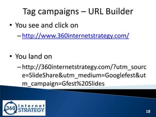 18
Tag campaigns – URL Builder
• You see and click on
–http://www.360internetstrategy.com/
• You land on
–http://360internetstrategy.com/?utm_sourc
e=SlideShare&utm_medium=Googlefest&ut
m_campaign=Gfest%20Slides
 