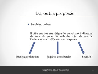 Google Analytics & Google Webmaster Tools
Les outils proposés
Le tableau de bord
Il offre une vue synthétique des principaux indicateurs
de santé de votre site web du point de vue de
l'indexation et du référencement des pages
Erreurs d’exploration Requêtes de recherche Sitemap
36
 