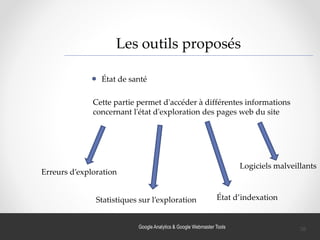Google Analytics & Google Webmaster Tools
Les outils proposés
État de santé
Cette partie permet d'accéder à différentes informations
concernant l'état d'exploration des pages web du site
Erreurs d’exploration
Statistiques sur l’exploration État d’indexation
Logiciels malveillants
38
 