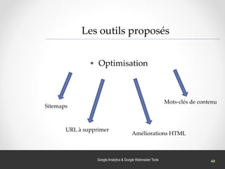 Google Analytics & Google Webmaster Tools
Les outils proposés
Optimisation
Sitemaps
URL à supprimer
Améliorations HTML
Mots-clés de contenu
 