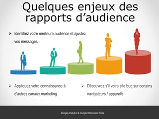 Quelques enjeux des
rapports d’audience
 Identifiez votre meilleure audience et ajustez
vos messages
 Appliquez votre connaissance à
d’autres canaux marketing
 Découvrez s’il votre site bug sur certains
navigateurs / appareils
Google Analytics & Google Webmaster Tools
 
