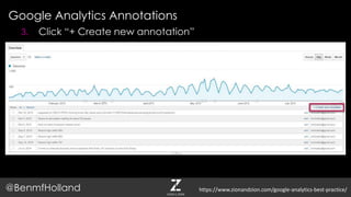 Google Analytics Annotations
@BenmfHolland
3. Click “+ Create new annotation”
https://www.zionandzion.com/google-analytics-best-practice/
 