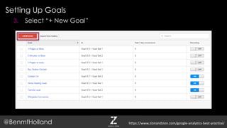 Setting Up Goals
@BenmfHolland
3. Select “+ New Goal”
https://www.zionandzion.com/google-analytics-best-practice/
 