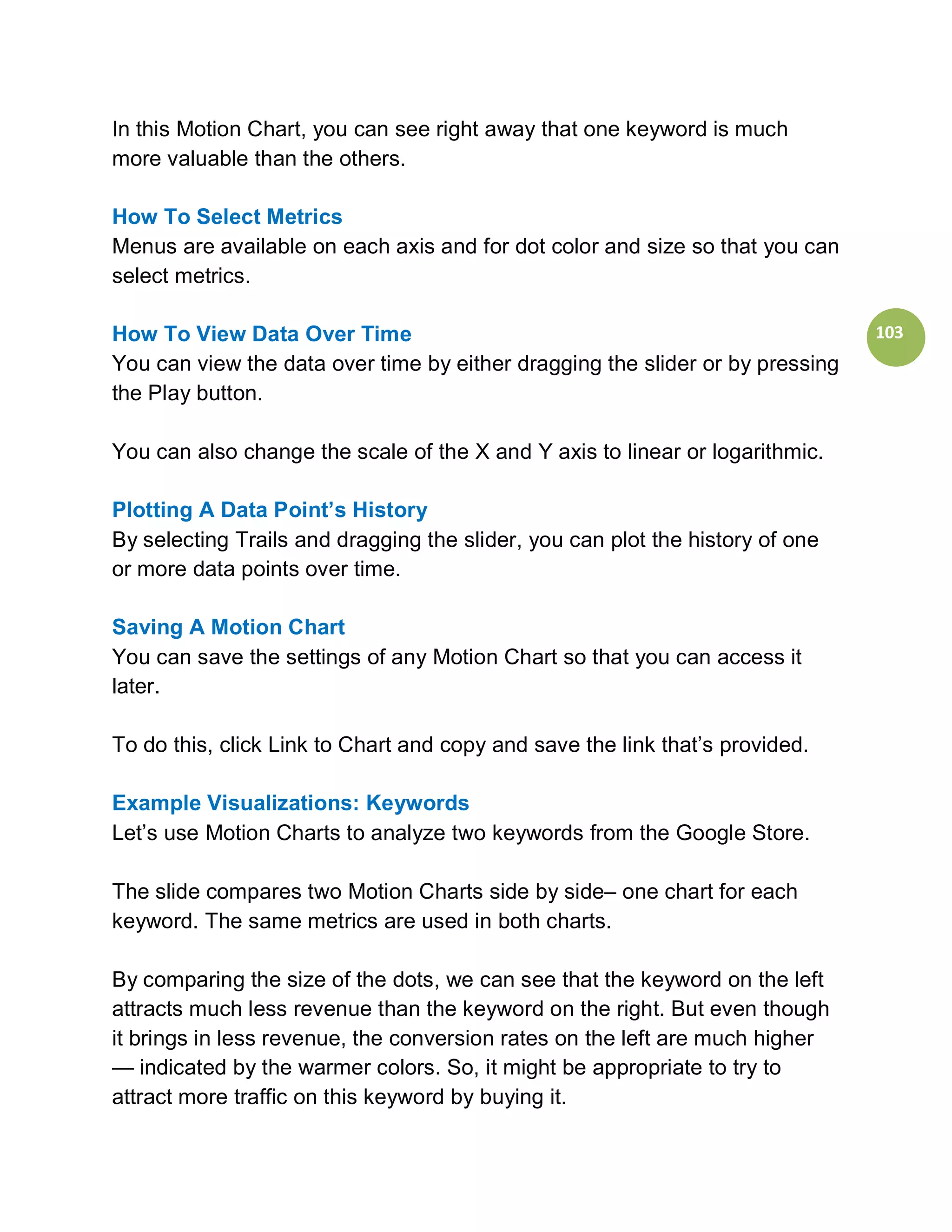 In this Motion Chart, you can see right away that one keyword is much
more valuable than the others.

How To Select Metrics
Menus are available on each axis and for dot color and size so that you can
select metrics.

How To View Data Over Time                                                     103
You can view the data over time by either dragging the slider or by pressing
the Play button.

You can also change the scale of the X and Y axis to linear or logarithmic.

Plotting A Data Point’s History
By selecting Trails and dragging the slider, you can plot the history of one
or more data points over time.

Saving A Motion Chart
You can save the settings of any Motion Chart so that you can access it
later.

To do this, click Link to Chart and copy and save the link that’s provided.

Example Visualizations: Keywords
Let’s use Motion Charts to analyze two keywords from the Google Store.

The slide compares two Motion Charts side by side– one chart for each
keyword. The same metrics are used in both charts.

By comparing the size of the dots, we can see that the keyword on the left
attracts much less revenue than the keyword on the right. But even though
it brings in less revenue, the conversion rates on the left are much higher
— indicated by the warmer colors. So, it might be appropriate to try to
attract more traffic on this keyword by buying it.
 