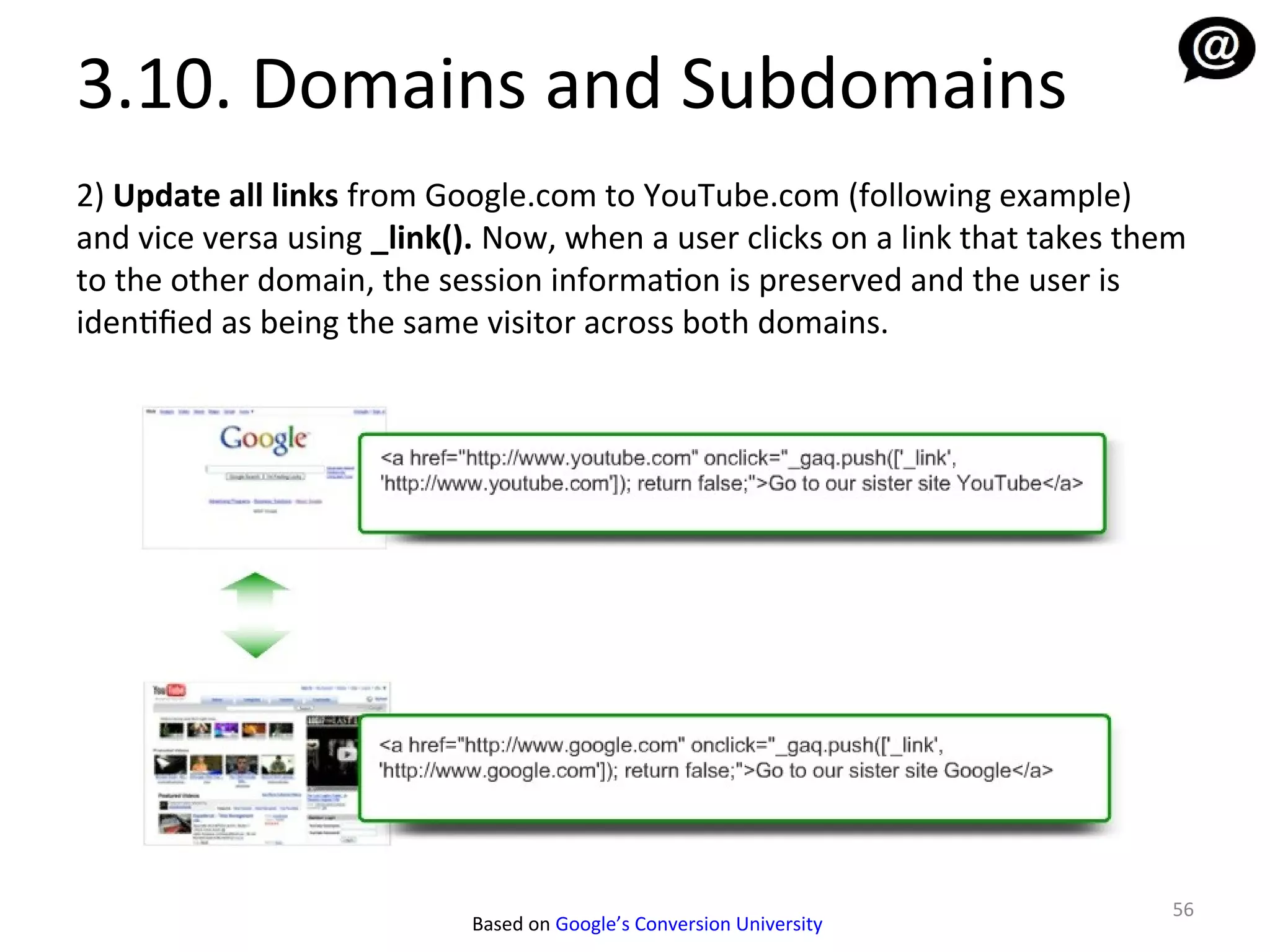 3.10. Domains and Subdomains
2) Update all links from Google.com to YouTube.com (following example)
and vice versa using _link(). Now, when a user clicks on a link that takes them
to the other domain, the session information is preserved and the user is
identified as being the same visitor across both domains.




                                                                              56
                            Based on Google’s Conversion University
 