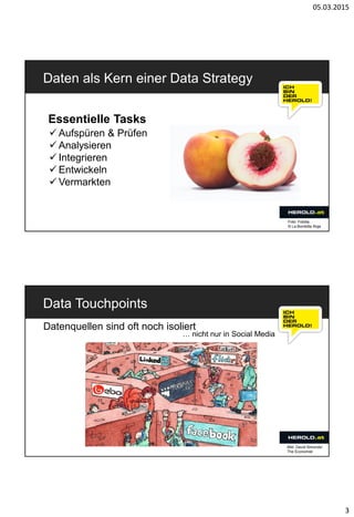 05.03.2015
3
Daten als Kern einer Data Strategy
Essentielle Tasks
 Aufspüren & Prüfen
 Analysieren
 Integrieren
 Entwickeln
 Vermarkten
Foto: Fotolia,
© La Bombilla Roja
Data Touchpoints
Bild: David Simonds/
The Economist
Datenquellen sind oft noch isoliert
… nicht nur in Social Media
 
