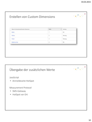 03.03.2015
10
Erstellen von Custom Dimensions
Übergabe der zusätzlichen Werte
JavaScript
• Anmeldeseite HotSpot
Measurement Protocol
• SMS-Gateway
• HotSpot vor Ort
 