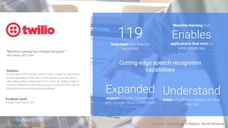 119languages and dialects
supported
Machine learning that
Enables
applications that react to
what people say
Understand
intent of callers in addition to what
they say
Cutting-edge speech recognition
capabilities
Products Used
Google Cloud Speech API
Industry: Technology – Region: North America
“Machine Learning has changed the game.”
Jeff Lawson, CEO, Twilio
Expanded
support in Twilio Understand
with Google Cloud Speech API
Solution
Google Speech API enables Twilio to make it easier for developers
to build applications that react to what people say during phone
calls, taking callers speech and turn it to text. By adding a layer of
machine intelligence over existing support, customers can bypass
navigating menus and using phone keypads.
 