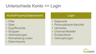 Unterschiede Konto <> Login
Konto/Property/Datenansicht
• Filter
• Ziele
• Zugriffsrechte
• Gruppen
• Verknüpfungen
• Remarketing-Listen
• Datenimporte
Login
• Segmente
• Personalisierte Berichte
• Vermerke
• Channel-Modelle
• Emails/Alerts
• Verknüpfungen
 