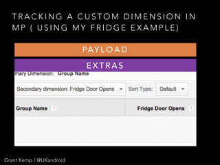 T R A C K I N G A C U S T O M D I M E N S I O N I N
M P ( U S I N G M Y F R I D G E E X A M P L E )
E X T R A S
& C D = G R O U P N A M E
& C D = F R I D G E D O O R O P E N S
PAY L O A D
Grant Kemp / @UKandroid
 