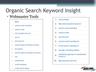 Organic Search Keyword Insight
• Webmaster Tools

 