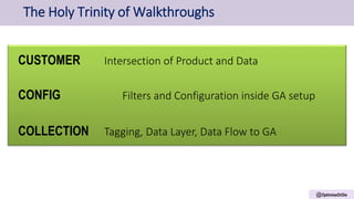 @OptimiseOrDie
The Holy Trinity of Walkthroughs
CUSTOMER Intersection of Product and Data
CONFIG Filters and Configuration inside GA setup
COLLECTION Tagging, Data Layer, Data Flow to GA
 