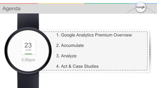 3:00pm
23
JUN
1. Google Analytics Premium Overview
2. Accumulate
3. Analyze
4. Act & Case Studies
Agenda
 