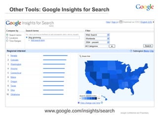 Other Tools: Google Insights for Search




             www.google.com/insights/search   Google Confidential and Proprietary
 