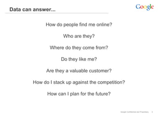 Data can answer...

              How do people find me online?

                      Who are they?

                Where do they come from?

                     Do they like me?

               Are they a valuable customer?

         How do I stack up against the competition?

               How can I plan for the future?


                                                Google Confidential and Proprietary   3
 