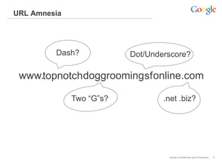 URL Amnesia




         Dash?            Dot/Underscore?

 www.topnotchdoggrooming sf online.com

              Two “G”s?           .net .biz?




                                   Google Confidential and Proprietary   9
 
