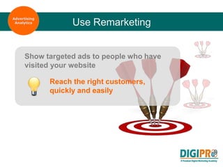 Use Remarketing
Show targeted ads to people who have
visited your website
Reach the right customers,
quickly and easily
Advertising
Analytics
 