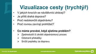 Vizualizace cesty (trychtýř)
• V jakých krocích se návštěvníci ztrácejí?
• Je příliš drahá doprava?
• Proč nedokončili objednávku?
• Proč rovnou zavírají prohlížeč?
• Co máme provést, když zjistíme problém?
➢ Zjednodušit či zkrátit objednávkový proces
➢ Odstranit překážky
➢ Snížit poplatky za dopravu
 