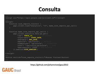 Consulta
...
<script src="https://apis.google.com/js/client.js"></script>
...
<script>
    function core_reports_visits() {
         gapi.client.load('analytics', 'v3', make_core_reports_api_call);
    }

    function make_core_reports_api_call() {
        gapi.client.analytics.data.ga.get({
            'ids': TABLE_ID, // e.g. ga:xxxxxxx
            'start-date': START_DATE,
            'end-date': END_DATE,
            'metrics': 'ga:visits', // METRICS
            'dimensions': 'ga:source', // DIMENSIONS
            'sort': '-ga:visits,ga:source', // SORT
            'max-results': 10000 // MAX RESULTS
        }).execute(YOUR_HANDLER);
    }
</script>
...
<button onclick="core_reports_visits();">Buscar Visitas</button>
...


                         https://github.com/johannvivot/gauc2012
 