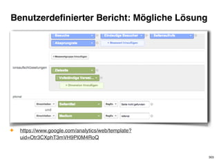 Benutzerdefinierter Bericht: Mögliche Lösung 
✦ https://www.google.com/analytics/web/template? 
uid=Otr3CXphT3mVH9Pl0M4RoQ 
303 
 
