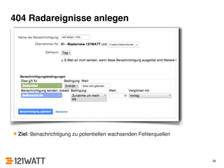 404 Radareignisse anlegen 
✦ Ziel: Benachrichtigung zu potentiellen wachsenden Fehlerquellen 
26 
 