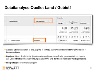 Detailanalyse Quelle: Land / Gebiet! 
✦ Analyse über: Akquisition -> alle Zugriffe -> (direct) auswählen mit sekundärer Dimension -> 
Internetanbieter! 
✦ Ergebnis: Direct Traffic ist für den dramatischen Zuwachs an Traffic verantwortlich und kommt 
aus United States mit neuen Sitzungen über 99% und der Internetanbieter heißt psinet inc.! 
✦ Interpretation: noch merkwürdiger? 
48 
 
