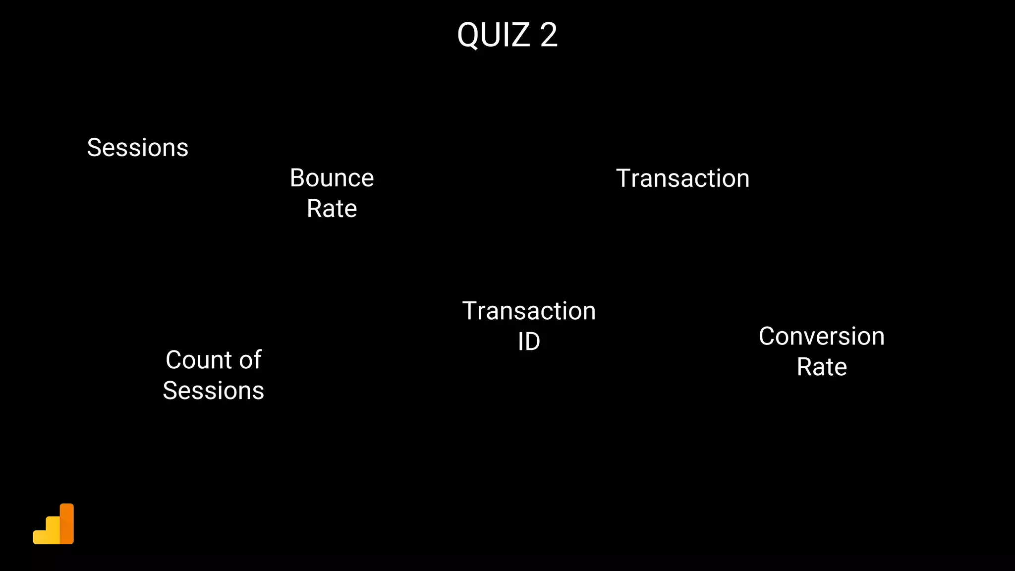 QUIZ 2
Sessions
Bounce
Rate
Transaction
Conversion
Rate
Transaction
ID
Count of
Sessions
 