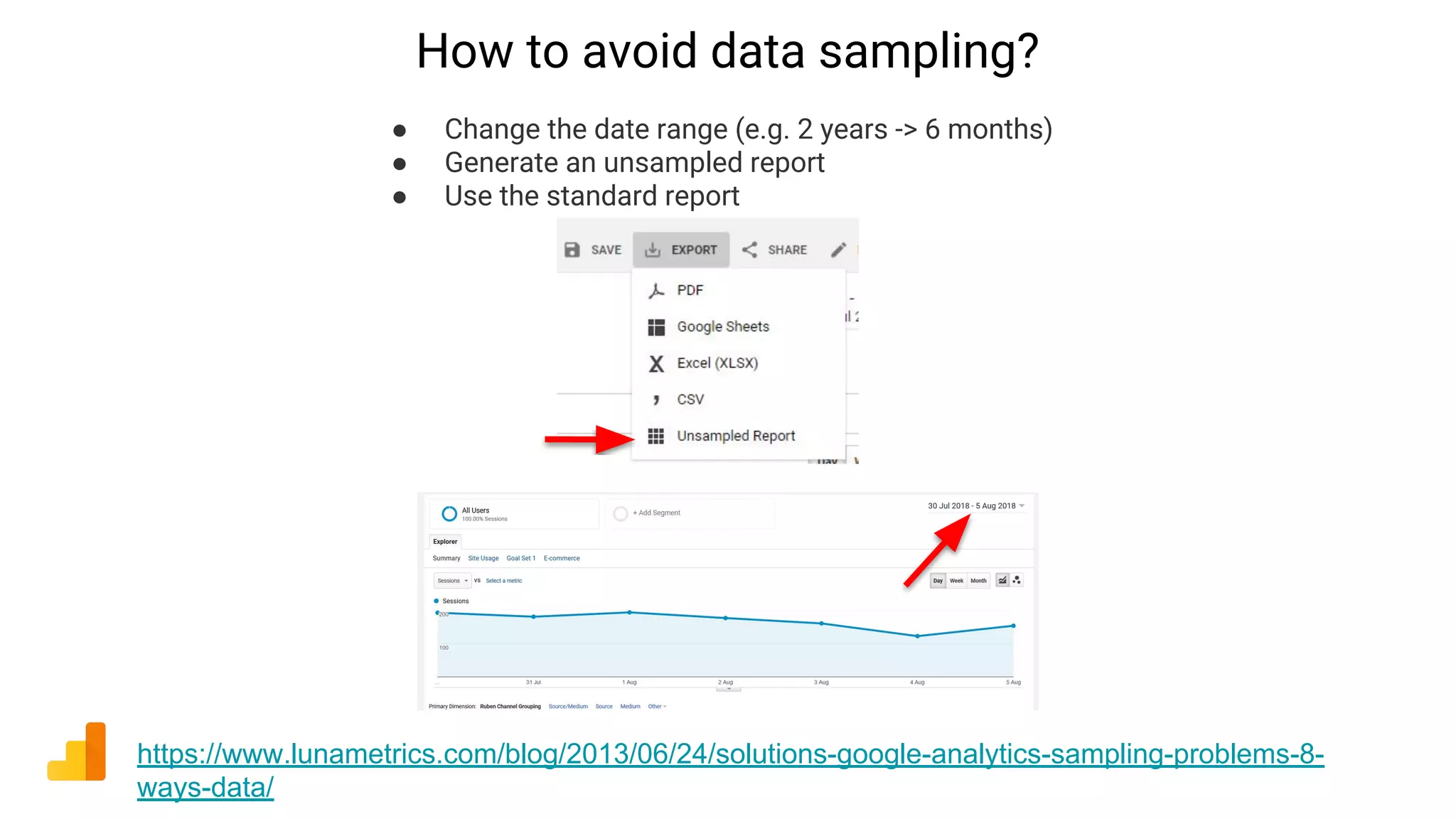 How to avoid data sampling?
https://www.lunametrics.com/blog/2013/06/24/solutions-google-analytics-sampling-problems-8-
ways-data/
● Change the date range (e.g. 2 years -> 6 months)
● Generate an unsampled report
● Use the standard report
 