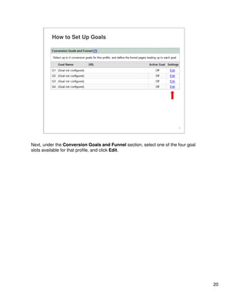 20
20
How to Set Up Goals
Next, under the Conversion Goals and Funnel section, select one of the four goal
slots available for that profile, and click Edit.
 
