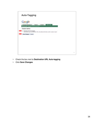 28
28
Auto-Tagging
• Check the box next to Destination URL Auto-tagging
• Click Save Changes
 