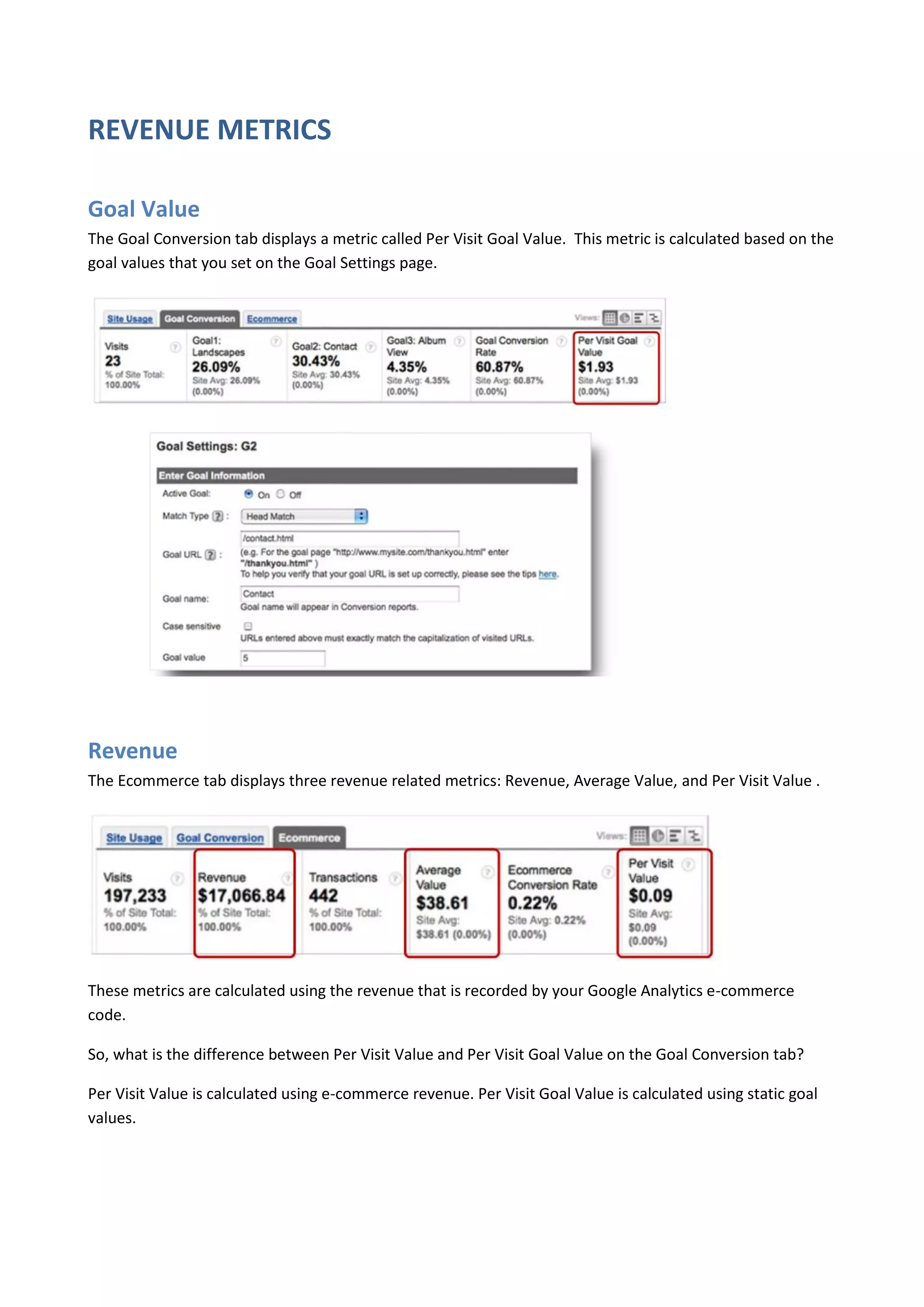 REVENUE METRICS

Goal Value
The Goal Conversion tab displays a metric called Per Visit Goal Value. This metric is calculated based on the
goal values that you set on the Goal Settings page.




Revenue
The Ecommerce tab displays three revenue related metrics: Revenue, Average Value, and Per Visit Value .




These metrics are calculated using the revenue that is recorded by your Google Analytics e-commerce
code.

So, what is the difference between Per Visit Value and Per Visit Goal Value on the Goal Conversion tab?

Per Visit Value is calculated using e-commerce revenue. Per Visit Goal Value is calculated using static goal
values.
 