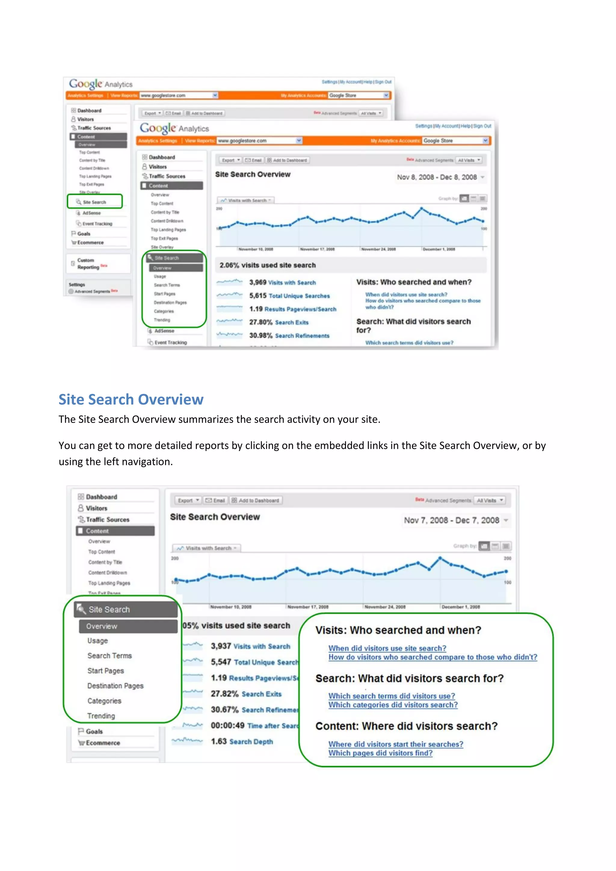 Site Search Overview
The Site Search Overview summarizes the search activity on your site.

You can get to more detailed reports by clicking on the embedded links in the Site Search Overview, or by
using the left navigation.
 