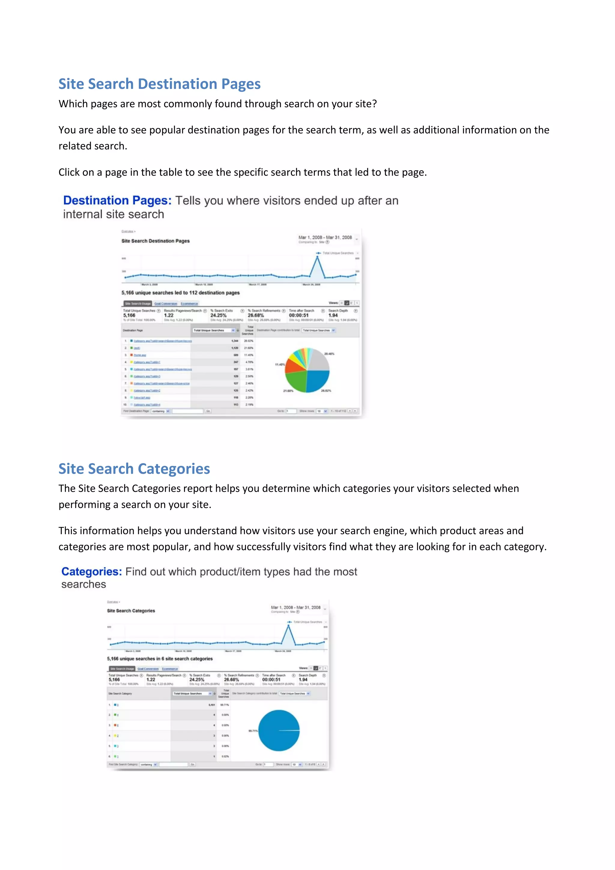 Site Search Destination Pages
Which pages are most commonly found through search on your site?

You are able to see popular destination pages for the search term, as well as additional information on the
related search.

Click on a page in the table to see the specific search terms that led to the page.




Site Search Categories
The Site Search Categories report helps you determine which categories your visitors selected when
performing a search on your site.

This information helps you understand how visitors use your search engine, which product areas and
categories are most popular, and how successfully visitors find what they are looking for in each category.
 