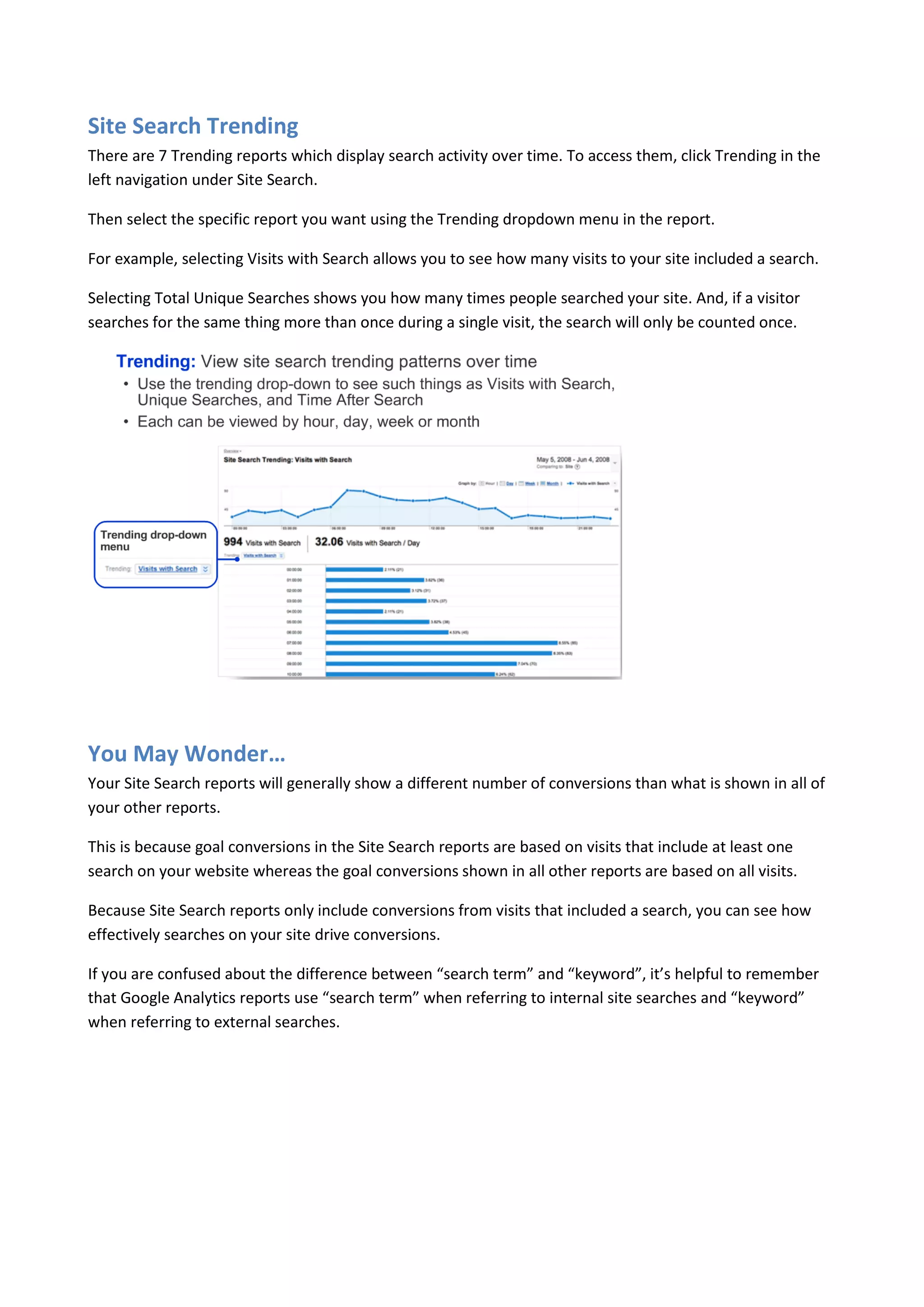 Site Search Trending
There are 7 Trending reports which display search activity over time. To access them, click Trending in the
left navigation under Site Search.

Then select the specific report you want using the Trending dropdown menu in the report.

For example, selecting Visits with Search allows you to see how many visits to your site included a search.

Selecting Total Unique Searches shows you how many times people searched your site. And, if a visitor
searches for the same thing more than once during a single visit, the search will only be counted once.




You May Wonder…
Your Site Search reports will generally show a different number of conversions than what is shown in all of
your other reports.

This is because goal conversions in the Site Search reports are based on visits that include at least one
search on your website whereas the goal conversions shown in all other reports are based on all visits.

Because Site Search reports only include conversions from visits that included a search, you can see how
effectively searches on your site drive conversions.

If you are confused about the difference between “search term” and “keyword”, it’s helpful to remember
that Google Analytics reports use “search term” when referring to internal site searches and “keyword”
when referring to external searches.
 