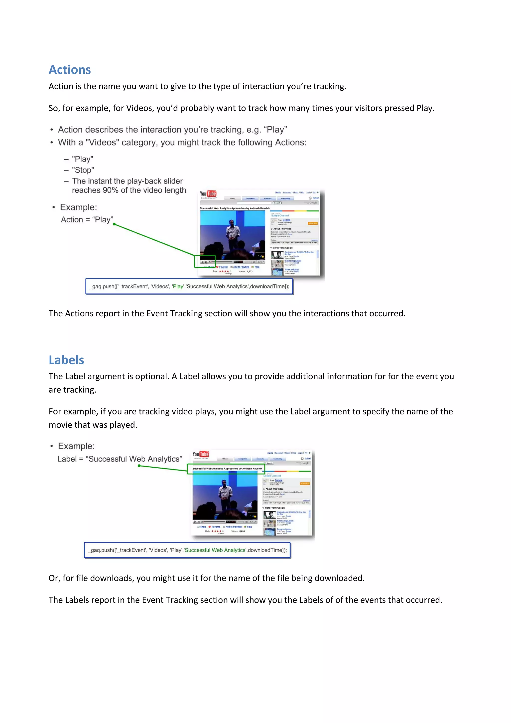 Actions
Action is the name you want to give to the type of interaction you’re tracking.

So, for example, for Videos, you’d probably want to track how many times your visitors pressed Play.




The Actions report in the Event Tracking section will show you the interactions that occurred.




Labels
The Label argument is optional. A Label allows you to provide additional information for for the event you
are tracking.

For example, if you are tracking video plays, you might use the Label argument to specify the name of the
movie that was played.




Or, for file downloads, you might use it for the name of the file being downloaded.

The Labels report in the Event Tracking section will show you the Labels of of the events that occurred.
 